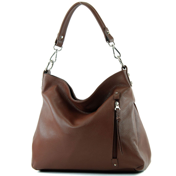 modamoda de - T183 - ital. Damen Schultertasche aus Leder Schokobraun, Schokobraun