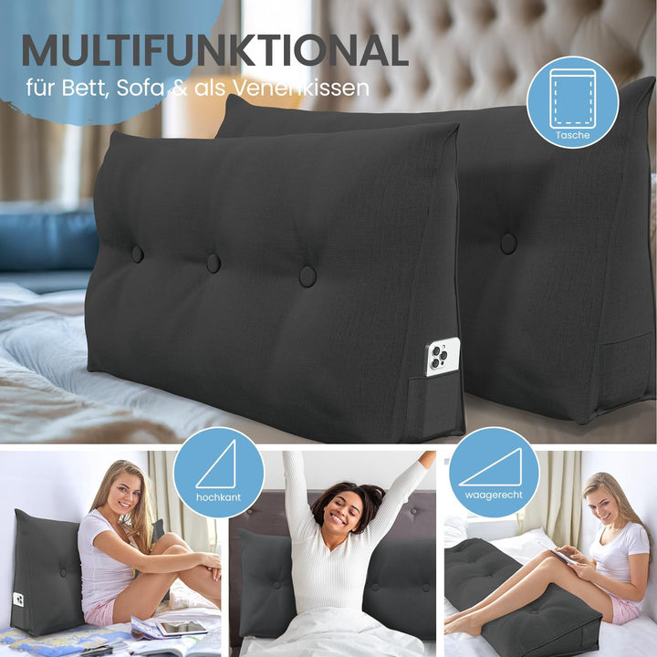 ELONEO Rückenkissen 140 cm breit, Keilkissen für Bett und Sofa geeignet, dreieckiges Lesekissen, Kis