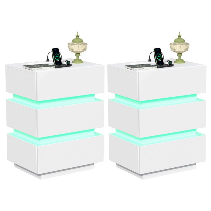 PIPIPOXER LED Nachttisch 2er Set mit Steckdose & USB, Nachttisch Weiss Hochglanz mit 3 Schubladen, N