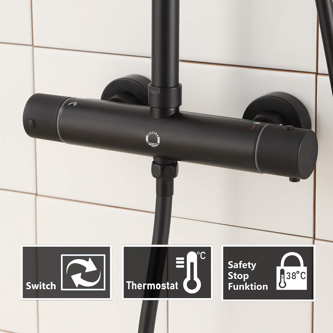 CECIPA Duschsystem Schwarz mit Thermostat 38 °C, Edelstahl Duschgarnitur mit Duscharmatur Schwarz Ma