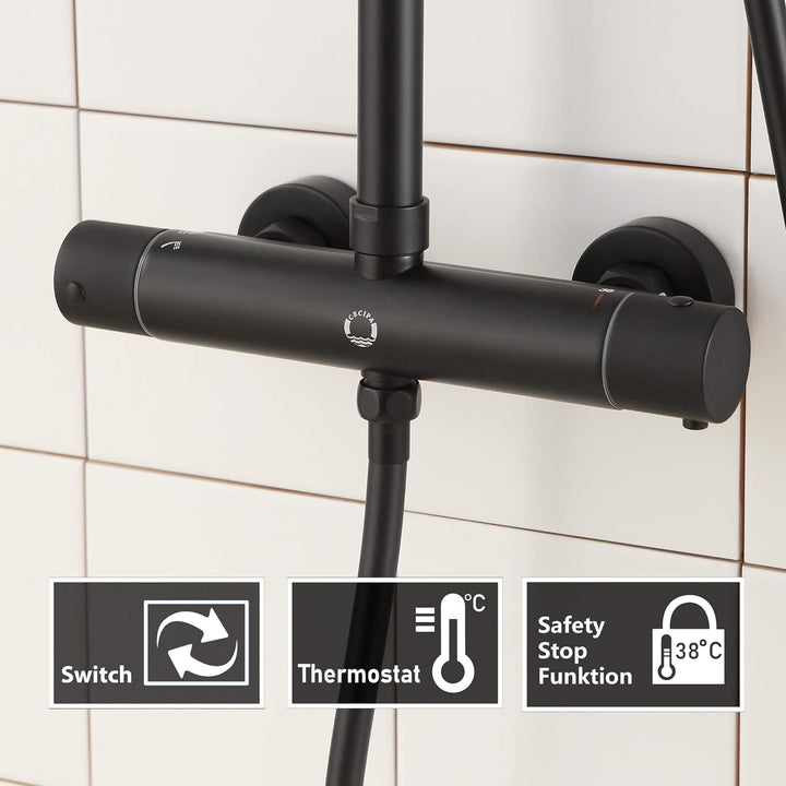 CECIPA Duschsystem Schwarz mit Thermostat 38 °C, Edelstahl Duschgarnitur mit Duscharmatur Schwarz Ma