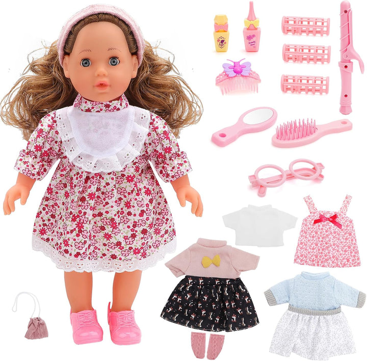 deAO Babypuppen-Spielset mit Zubehör, 38cm Puppe mit 4 Outfits und Puppenzubehör Spiegel Lockenstab