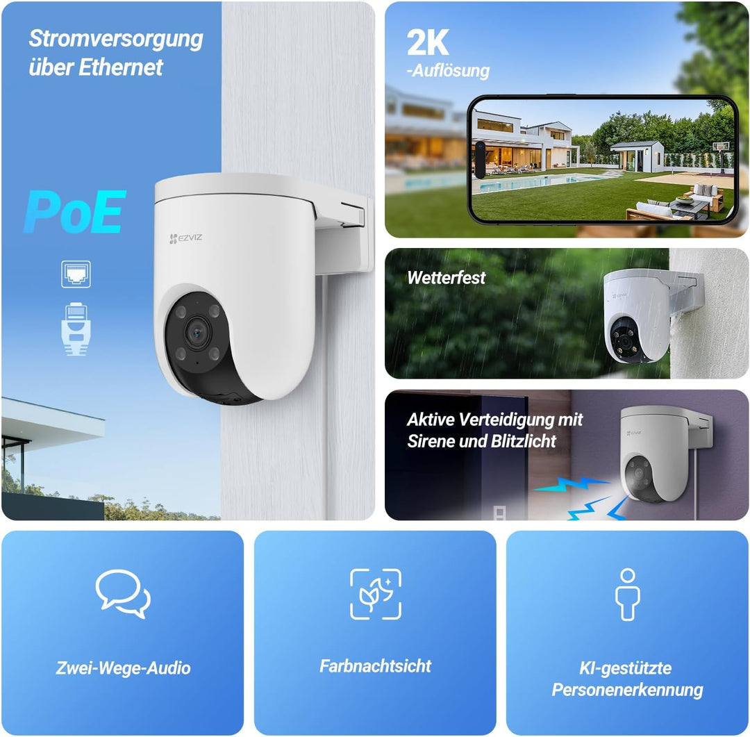 EZVIZ 2K PoE Überwachungskamera Aussen, 360° PTZ Kamera Outdoor, Auto-Tracking, AI-Erkennung, 20m Fa