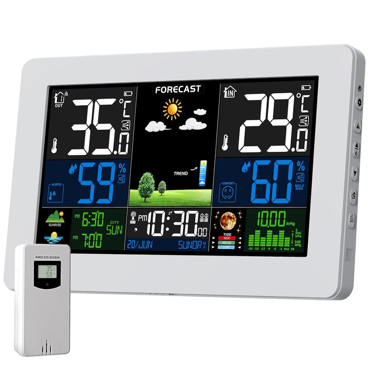 VOKSUN Wetterstation Funk mit Aussensensor, Digital Farbdisplay Funkwetterstation, DCF Funkuhr Wette