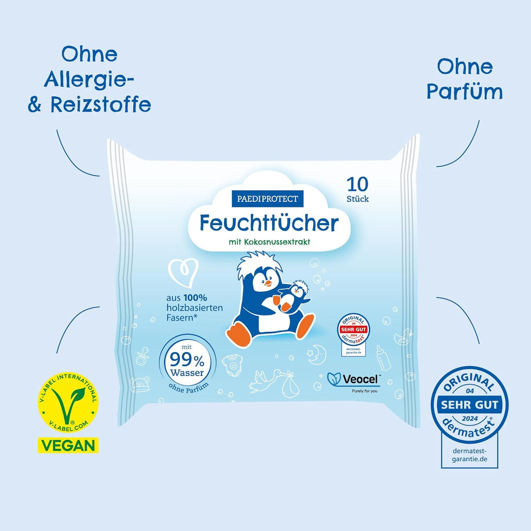 PAEDIPROTECT Feuchttücher 3 x 48 Stück, sensitive Baby Water Wipes mit 99% Wasser ohne Duftstoffe, f
