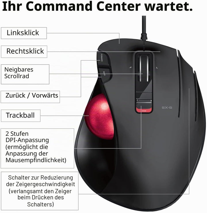 ELECOM EX-G Trackball-Maus, kabelgebunden, Daumensteuerung, ergonomisches Design, 5-Tasten-Funktion