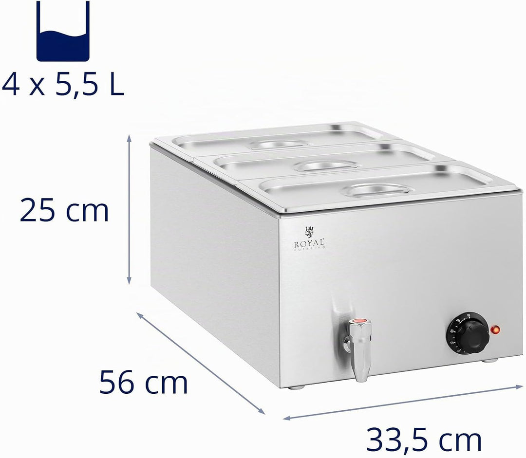 Royal Catering RCBM_GN1/3 Bain Marie 600 W 3 GN 1/3 Ablasshahn Wasserbad Speisenwärmer