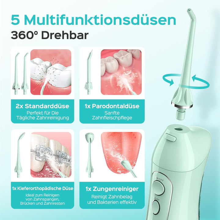 COSLUS Munddusche Kabellos Tragbar Elektrische Zahnreiniger, 300ML Wassertank Wiederaufladbar Zahndu