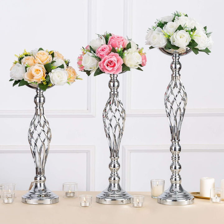NUPTIO Satz von 2 Vielseitigen Silber Blumen Arrangement Ständer 59cm Höhe & Stumpen Kerzenhalter Se