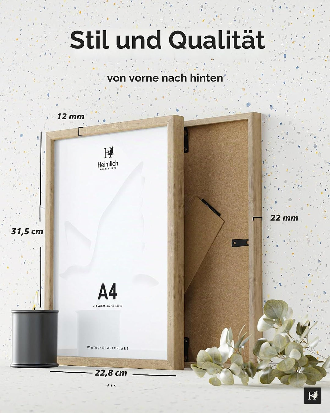 Heimlich® 2x Bilderrahmen DIN A4 21x30 cm Eiche Holz Rahmen 2-Pack | Dokumentenrahmen 21x29,7 cm Kle