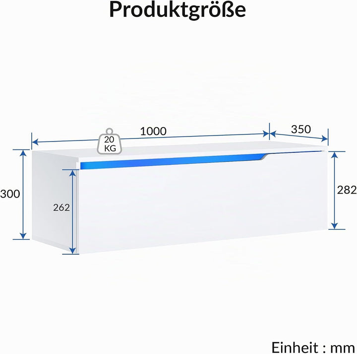 SONNI Lowboard mit LED (16 Farben), Hängend/Stehend, Weiss, 100x35x30cm | TV-Schrank Hochglanz für F