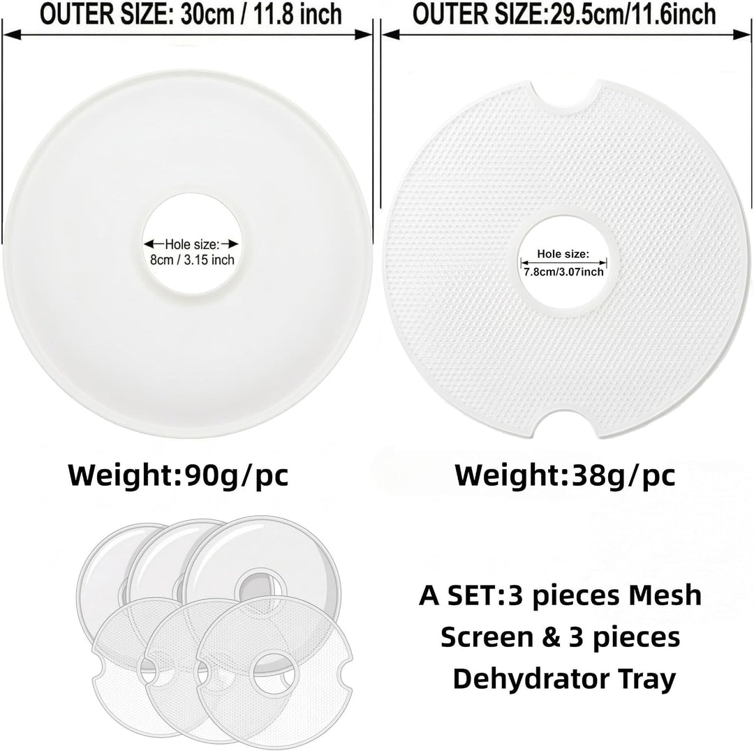 Dörrfolien &amp; Tablett Set 29,5 cm (11,6 Zoll), 3 Netzmatten + 3 feste Dörrtabletts, passend für 30 cm