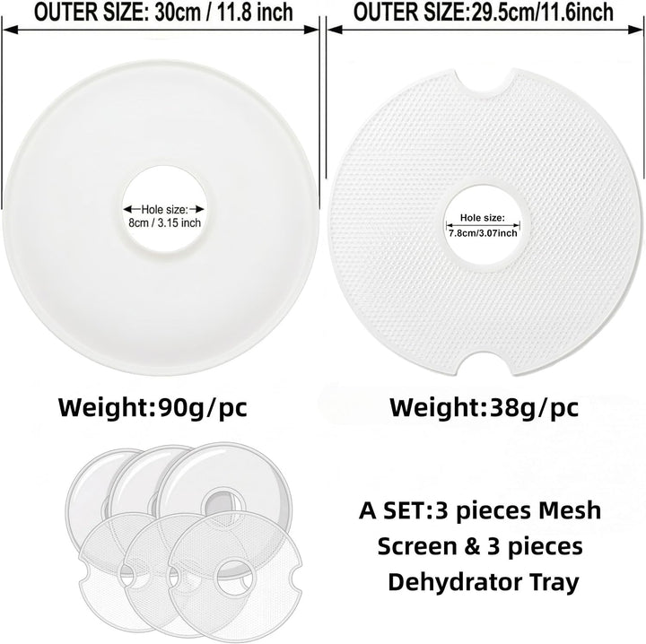 Dörrfolien &amp; Tablett Set 29,5 cm (11,6 Zoll), 3 Netzmatten + 3 feste Dörrtabletts, passend für 30 cm