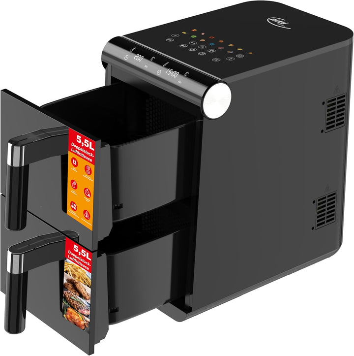 Elta Doppelstock-Heissluftfritteuse – 11 Liter Dual Zone XXL Airfryer mit 2 Körben