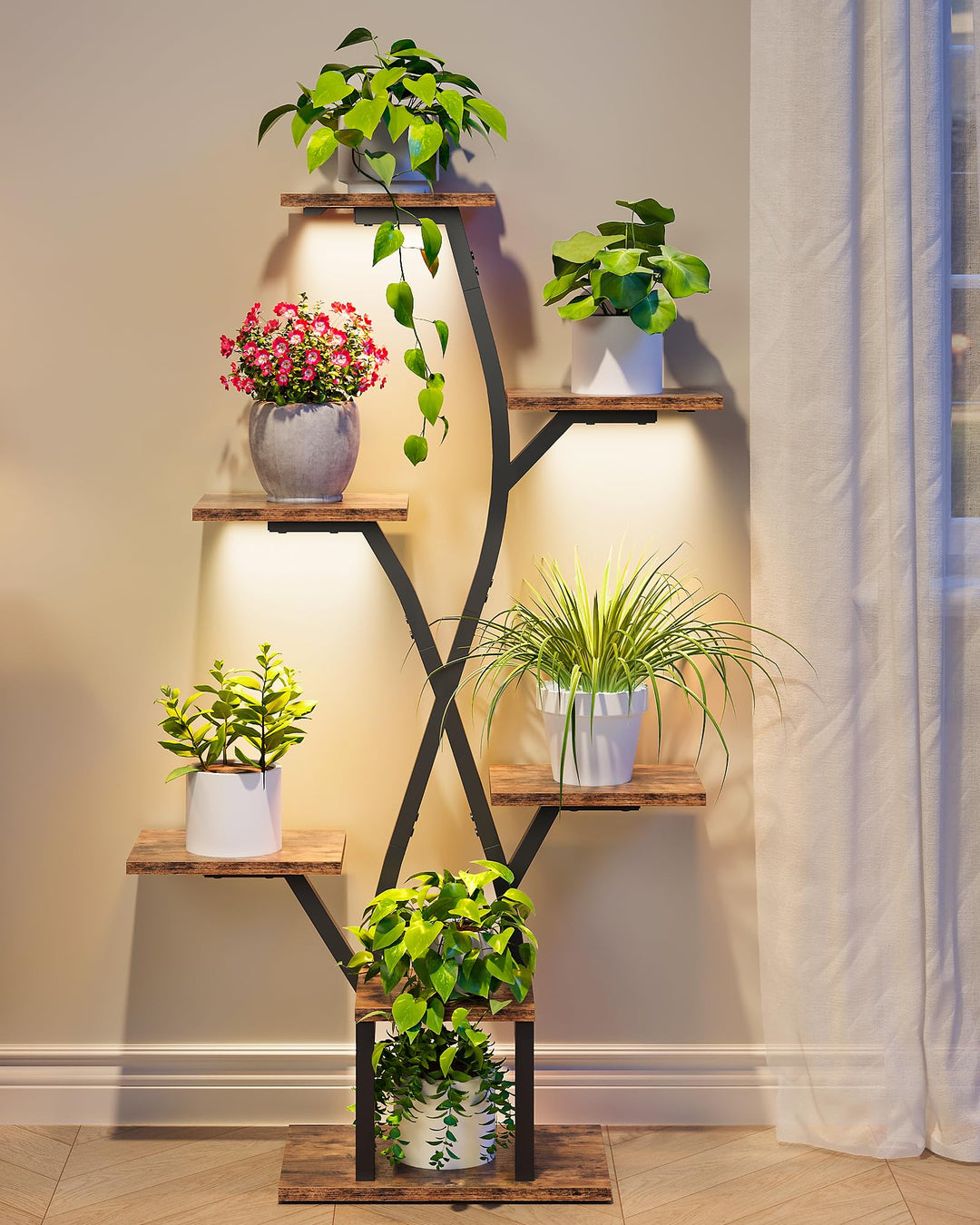 CHOEZON Blumenständer mit Pflanzenlampe, 7-stufiges Pflanzenregal aus Spanplatten, dimmbares LED Pfl