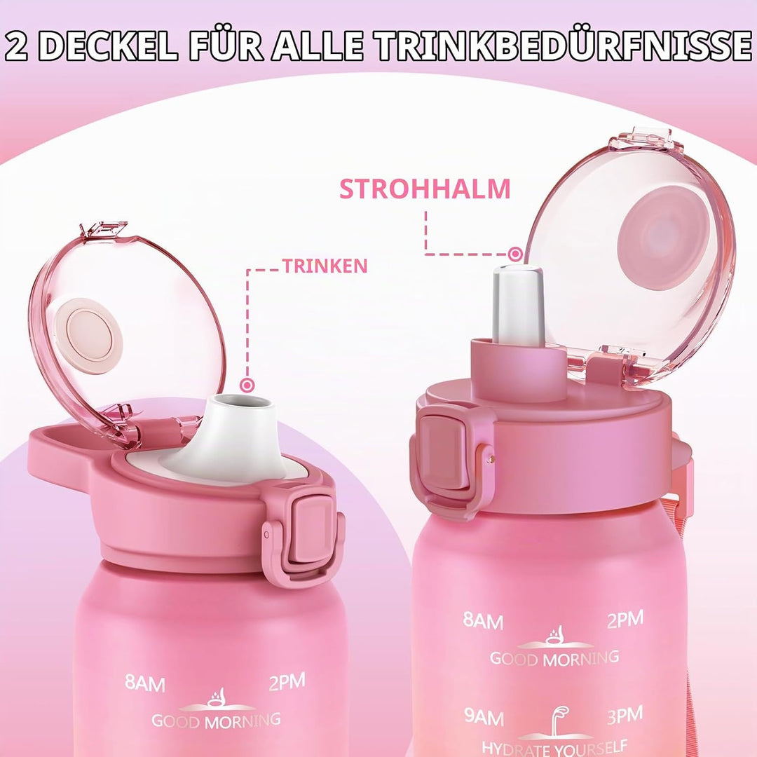 SLUXKE Trinkflasche Edelstahl 1000ml mit 2Deckel（Strohhalm&amp; no Strohhalm, [18/10 Edelstahl] 1Liter T