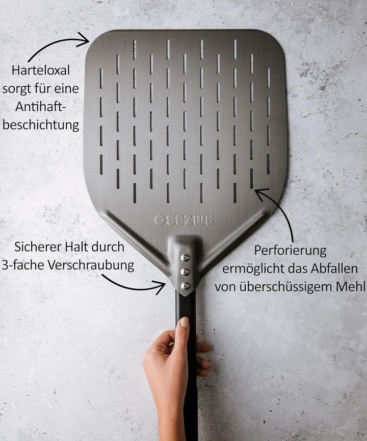 AMZBBQ® Premium Pizzaschieber - [LANGER STIEL] - Perforierte Pizzaschaufel aus Harteloxiertem Alumin
