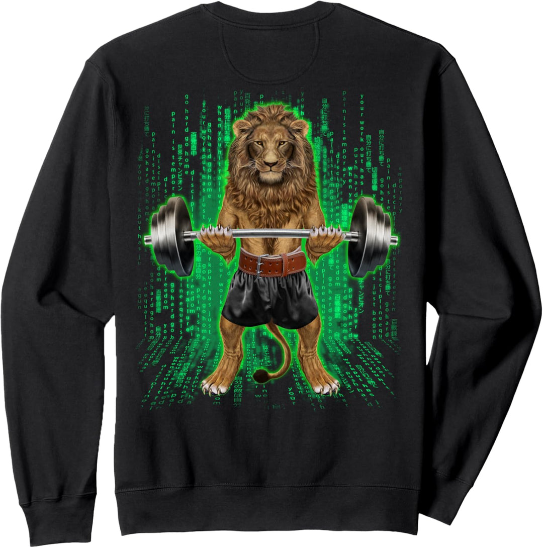 Löwe, der Gewichte im Cyber-Fitnessstudio hebt Sweatshirt