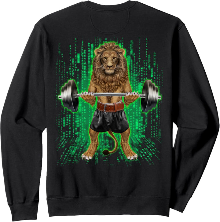Löwe, der Gewichte im Cyber-Fitnessstudio hebt Sweatshirt