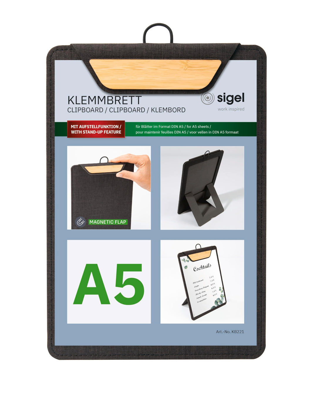 SIGEL Klemmbrett A5 dunkelgrau beige Aufstellfunktion | KB221, stabiles, stylisches Clipboard mit ed