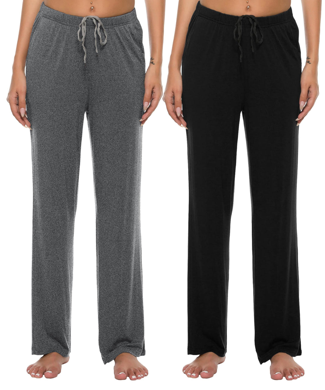 JINSHI Damen Schlafanzughose Lang Pyjamahose Weich Modal Nachtwäsche Freizeithose, Schwarz+dunkelgra