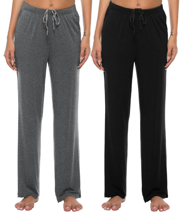 JINSHI Damen Schlafanzughose Lang Pyjamahose Weich Modal Nachtwäsche Freizeithose, Schwarz+dunkelgra