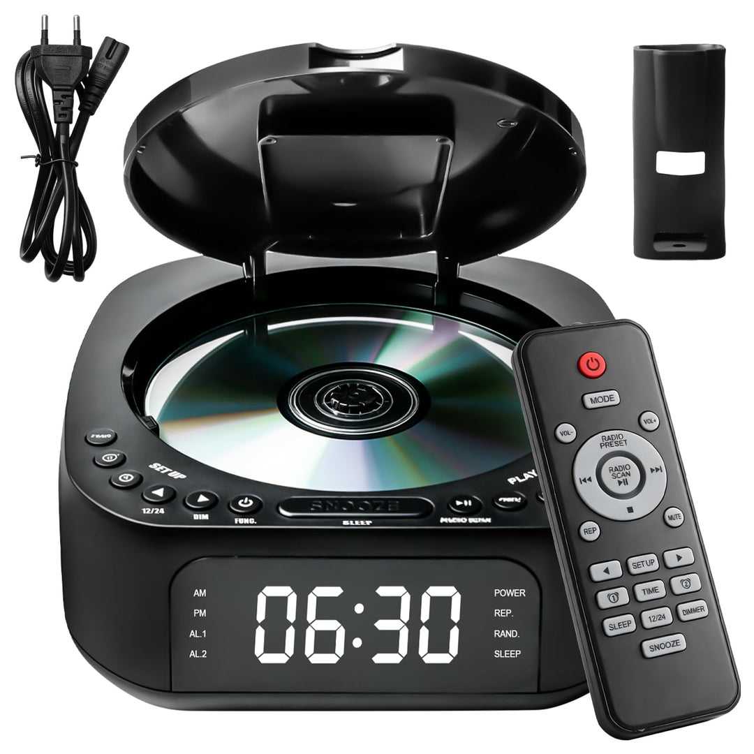 CD Player Tragbar mit Bluetooth, FM Radio, MP3 CD-Player mit Dual Stereo Lautsprecher, Wecker, Sleep
