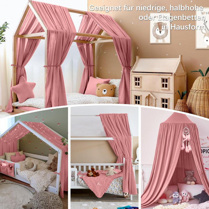 Hook Hausbett Himmel Deko Set, Betthimmel Hausbett aus Musselin - 2 Betthimmel &amp; 1 Wimpelkette, für