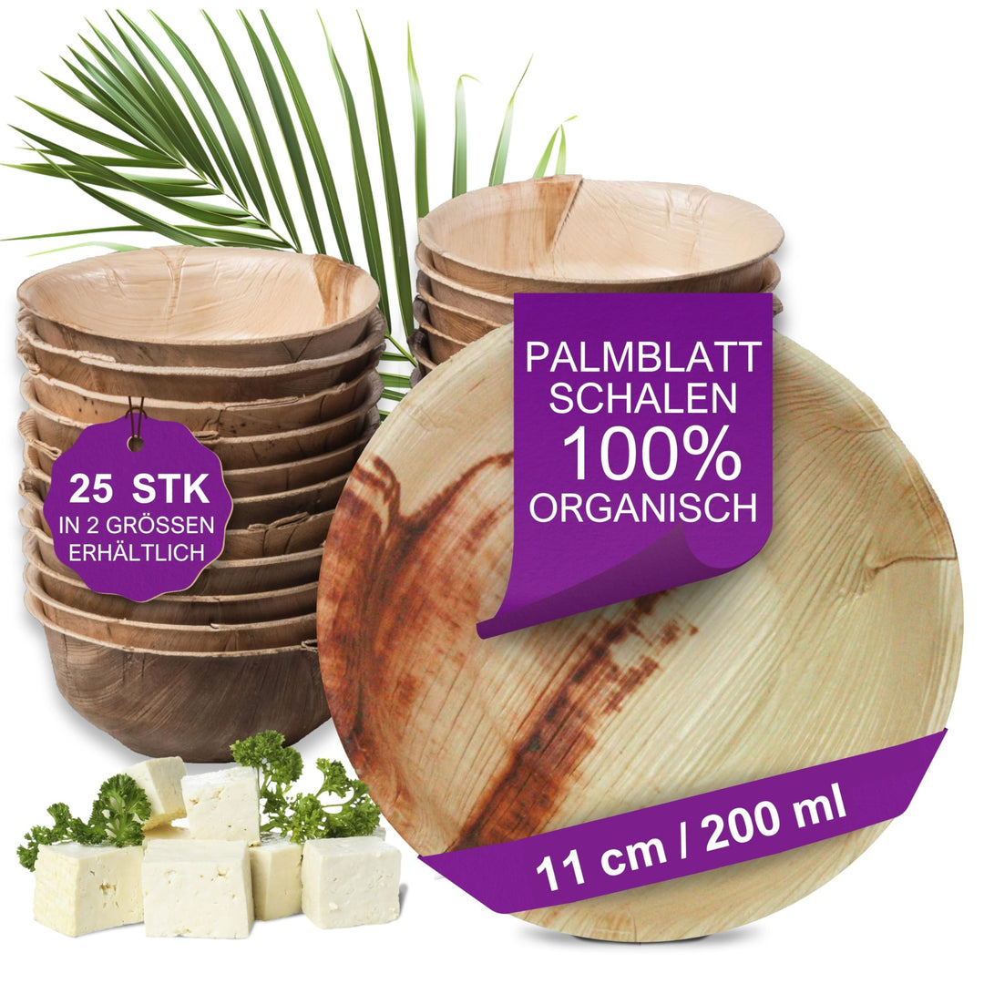 Waipur Bio Palmblatt Schalen - 25 Schalen Ø 11 cm / 200 ml - Premium Einweg Geschirr kompostierbar -