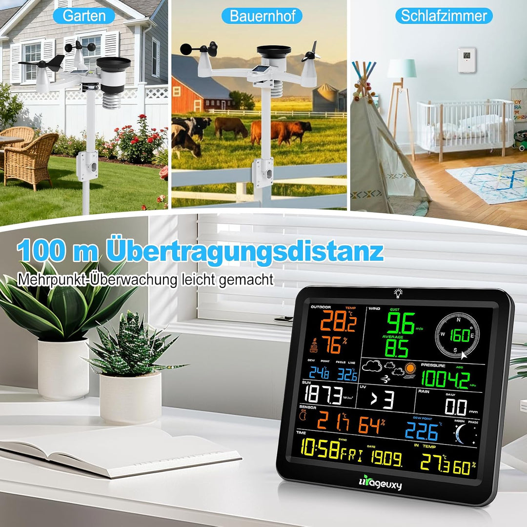 Urageuxy WLAN Wetterstation mit Aussensensor, 8,8" Farbdisplay, 7-in-1 Sensor für Wind, Regen, UV, T