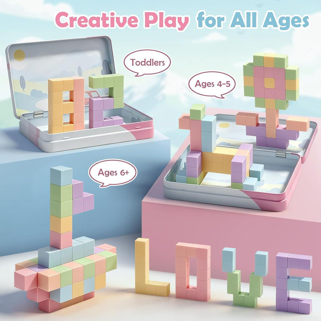 Dreamon 52PCS Mini Magnetische Bausteine Magnetic Building Blocks mit Blechdose Magnetische Baustein