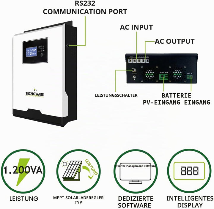 Tecnoware 1200 VA ATA Hybrid-Solarstrom-Wechselrichter - 12V-Batterie – 15V-80V-Solar-Regler MPPT –