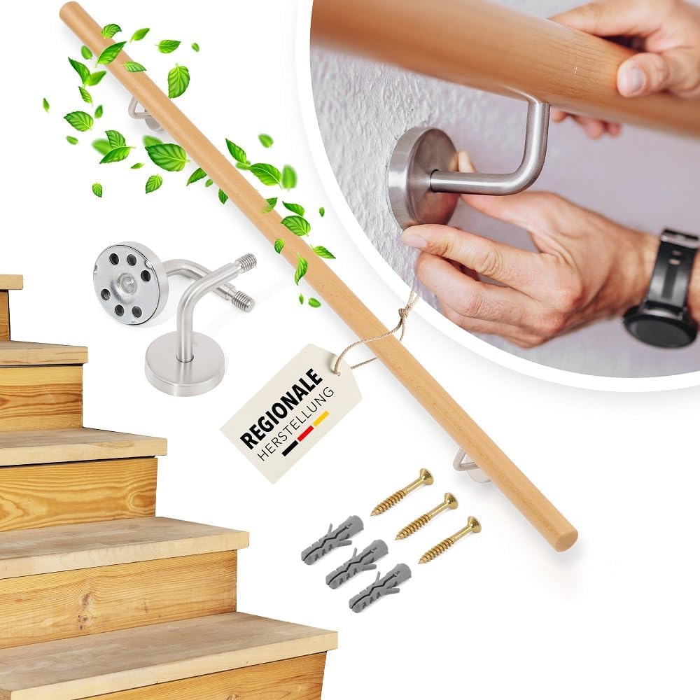 Handlauf Set Holz Buche 45mm rund inkl. 2 Edelstahlhalter zum Einschrauben_neu (120 cm) 120 cm + 2 H