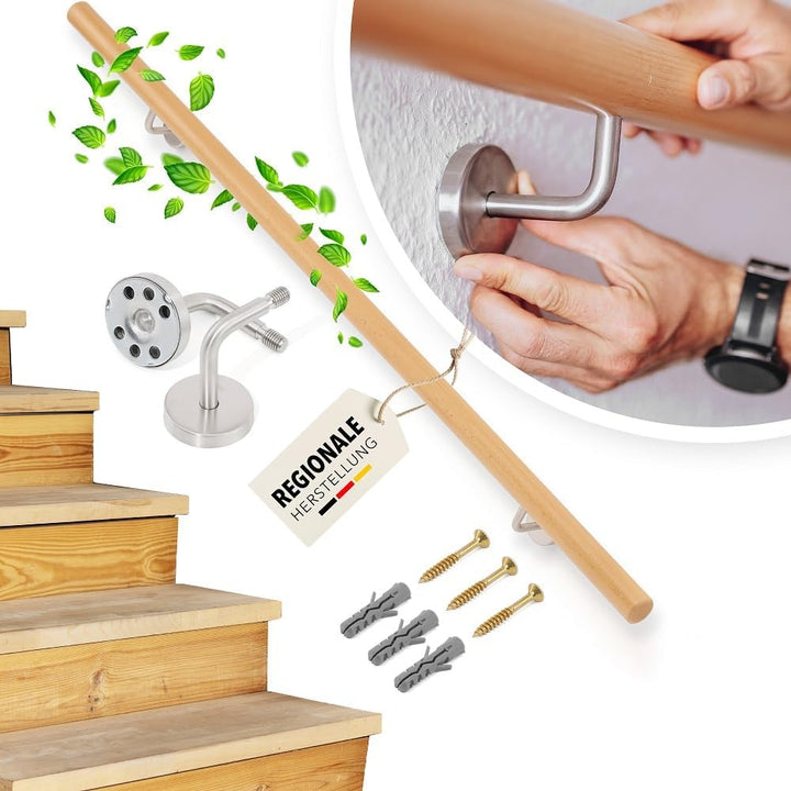 Handlauf Set Holz Buche 45mm rund inkl. 2 Edelstahlhalter zum Einschrauben_neu (120 cm) 120 cm + 2 H