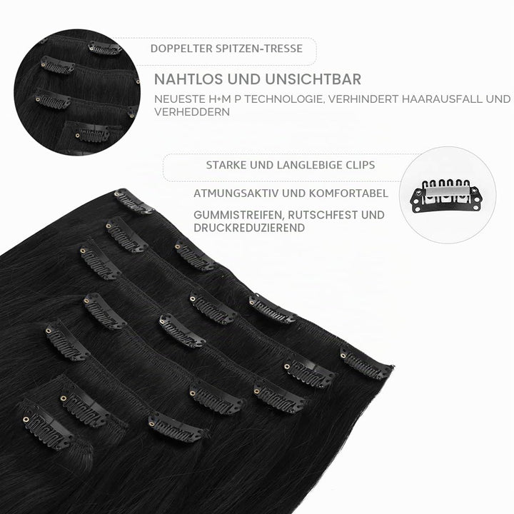 WENNALIFE Clip in Extensions Echthaar, 45cm 18 Zoll 120g 7pcs Tief Schwarz Hair Extensions Clip in E