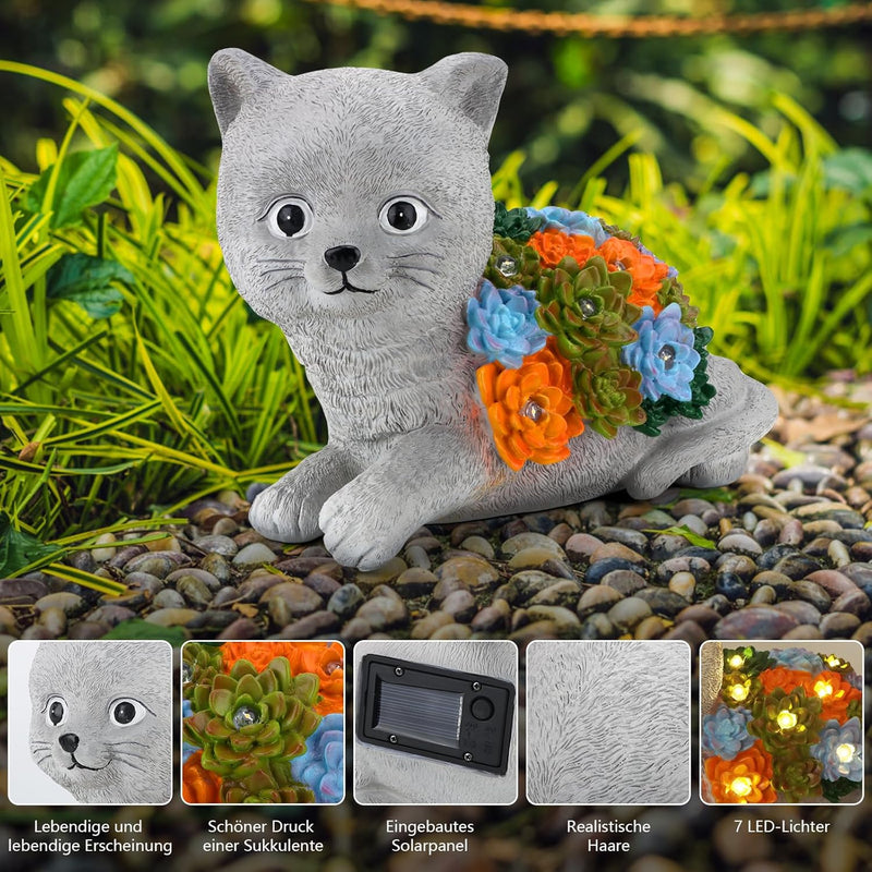 YIKEDAN Solar Gartenfiguren Katze mit Sukkulenten und 7 LED Leuchten, Gartendeko für Draussen, Harz