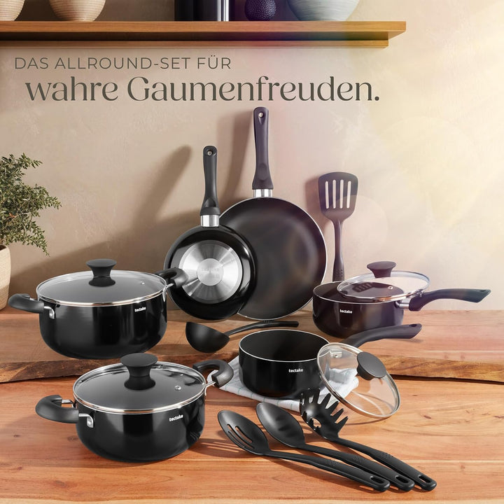 tectake® 15tlg Set mit 5x Küchenhelfer, 2x Pfanne, 4x Topf, jeweils mit Deckel, Kochtopf Set Antihaf