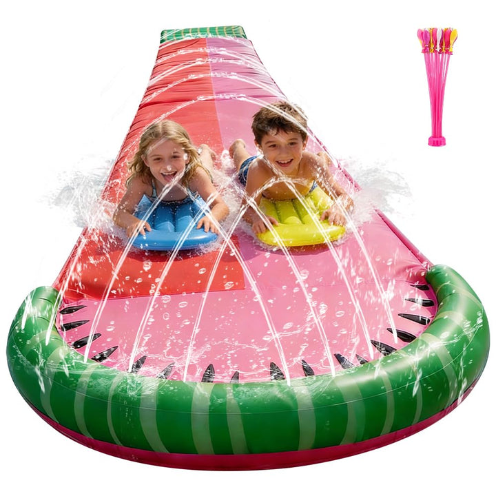 Wasserrutsche Garten für Kinder, 480 x 140cm Doppel Wasserrutschbahn mit 2 Bodyboards und Wasserball