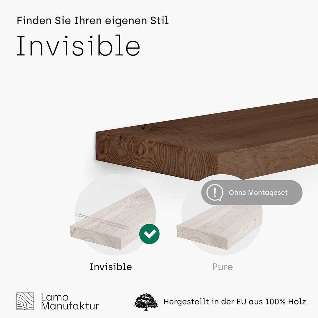 LAMO Manufaktur Wandregal Holz Gerade | Regal Farbe: Nussbaum | Invisible: Schweberegal | 90 cm Invi