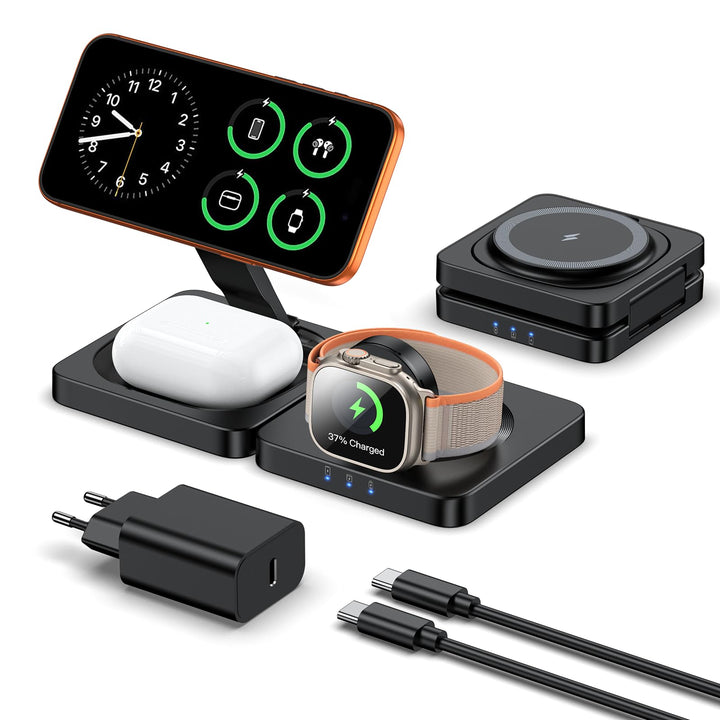 3 in 1 Mag Safe Ladestation für iPhone 17/16/15/14/13/12, ADADPU Faltbare Ladestation Apple Watch un