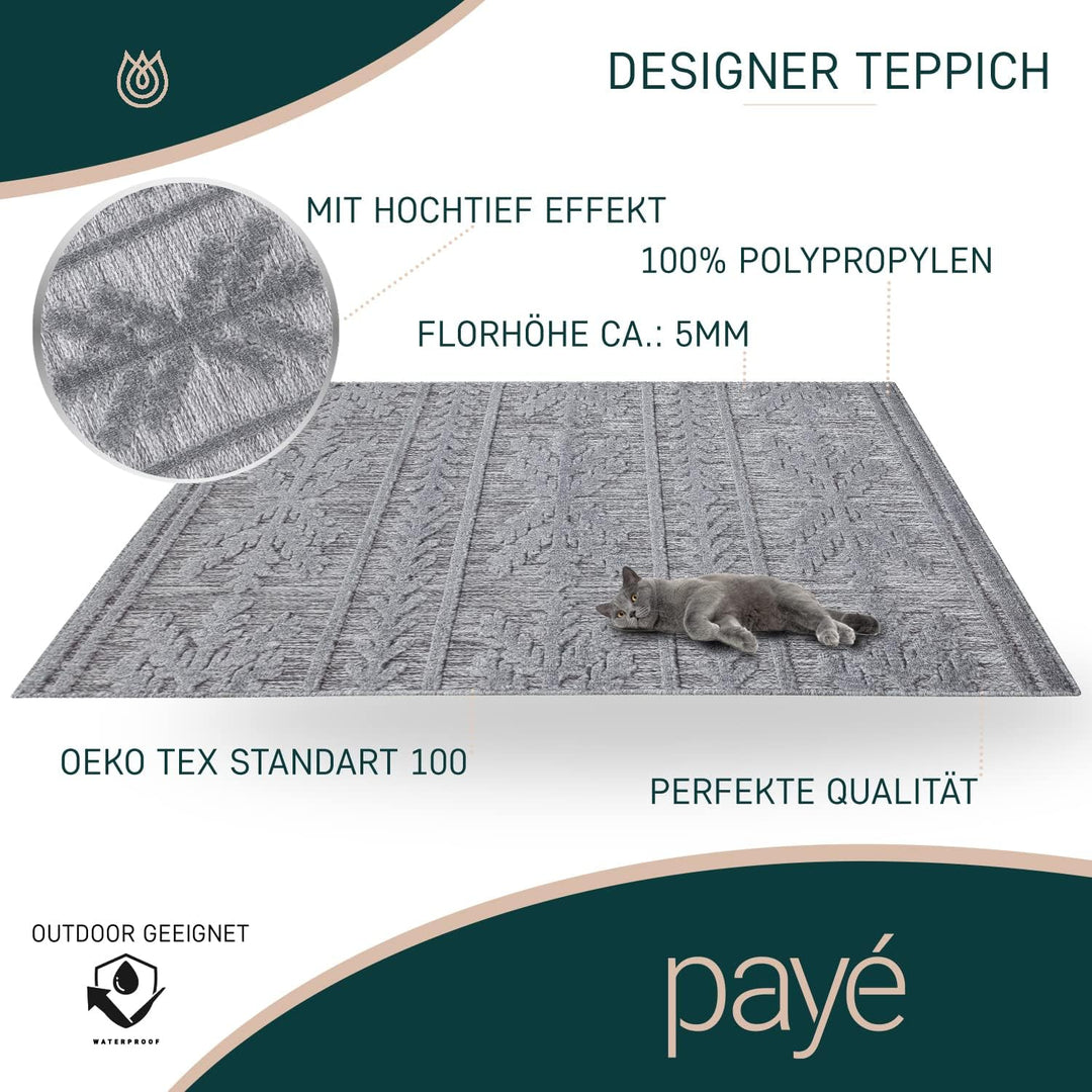 payé Teppich Wohnzimmer - 280x380cm Anthrazit - Ethno Optik - Teppiche für Balkon Terrasse Garten -