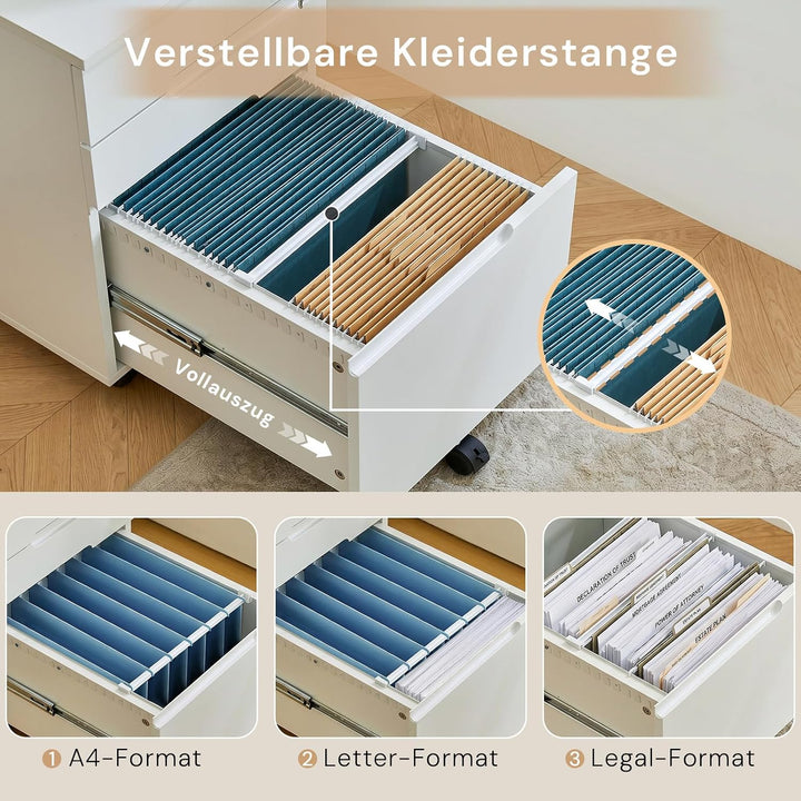 CLIPOP Rollcontainer abschliessbar, 3 Schubladen, 5 Rollen，30*45*60cm Holz | Für A4/Letter, Hängereg