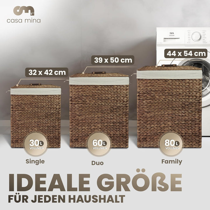 Casa Mina® Wäschekorb mit Deckel 39 x 30 x 50cm hoch I Atmungsaktiver Wäschekorb geflochten aus 100%