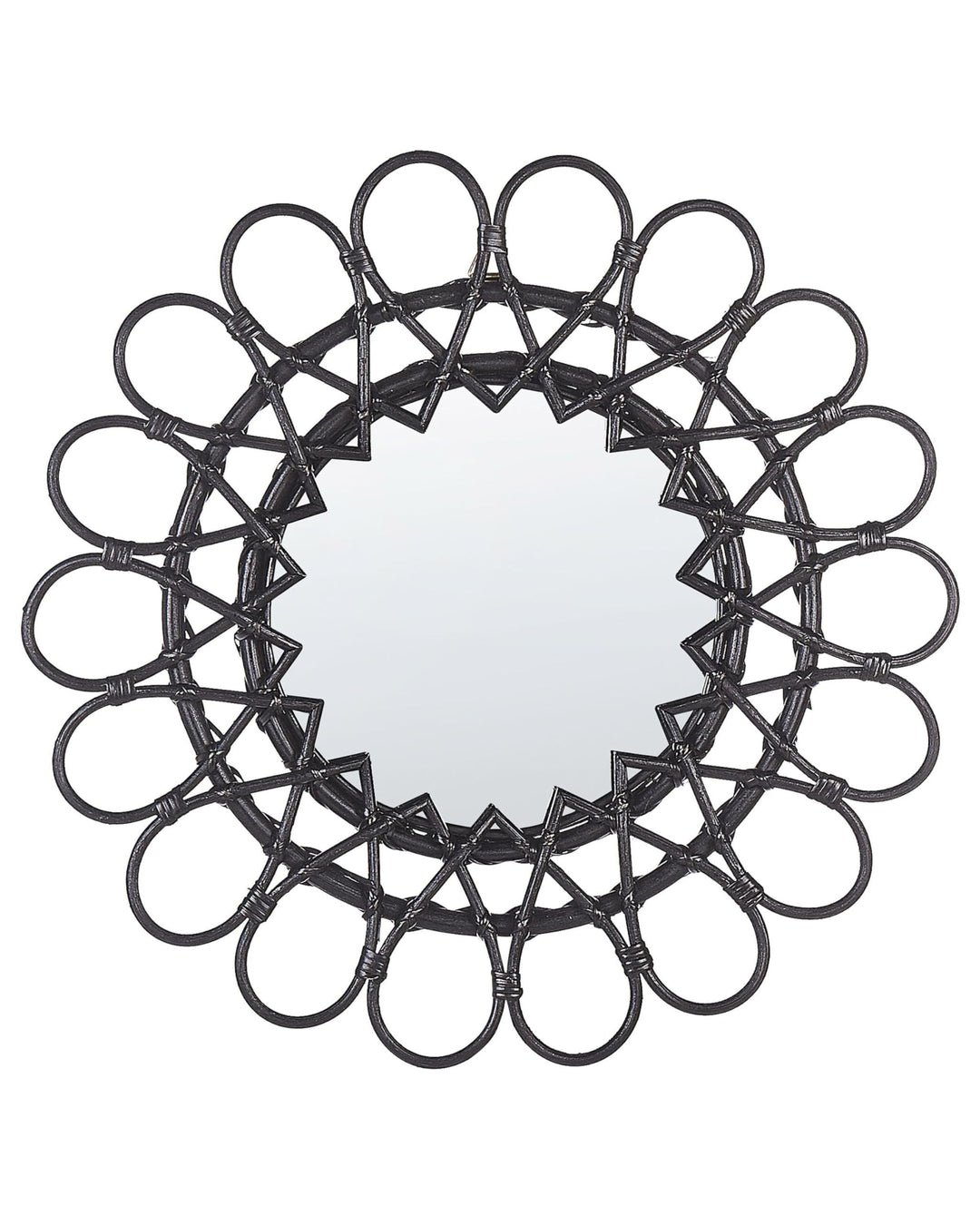 Origineller Wandspiegel schwarz aus Rattan in Sonnenform rund Boho 60 cm Babai