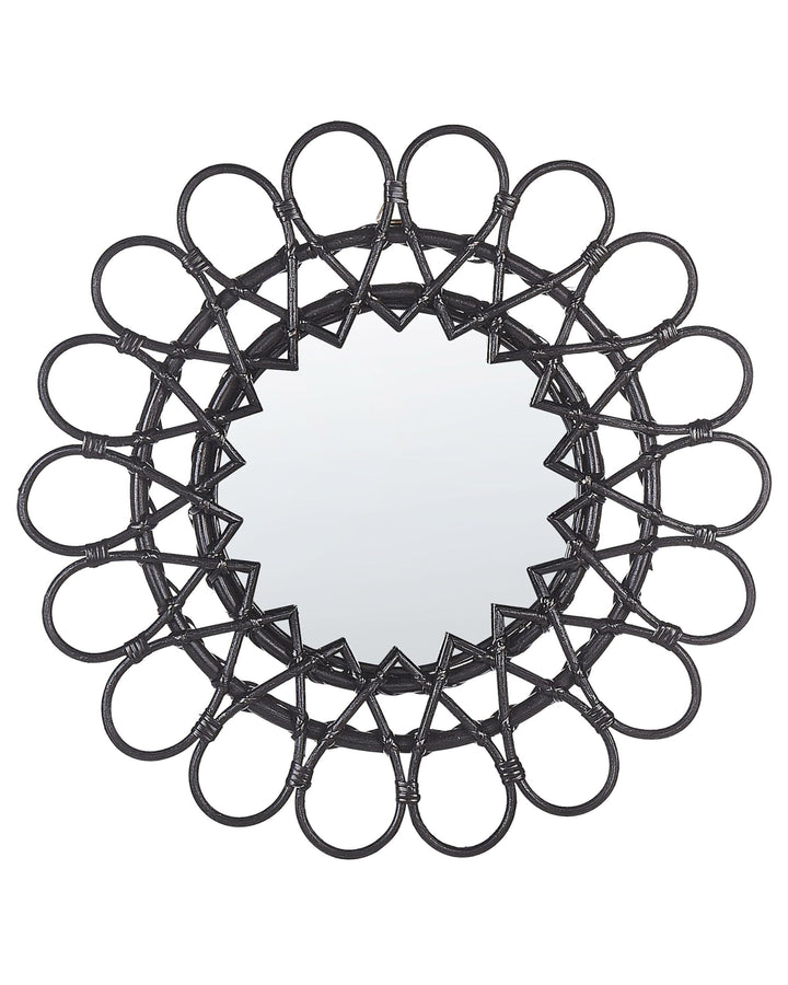 Origineller Wandspiegel schwarz aus Rattan in Sonnenform rund Boho 60 cm Babai