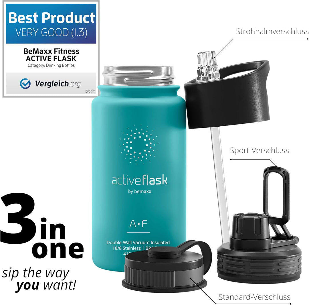 Trinkflasche Edelstahl ACTIVE FLASK + Strohhalm (3 Deckel) BPA-frei, Auslaufsicher, Kohlensäure geei