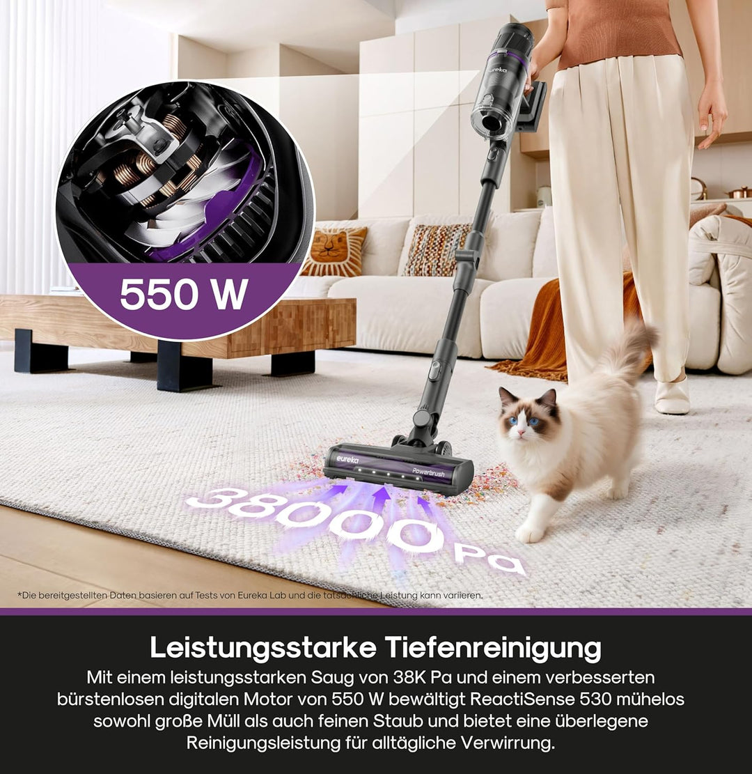 Eureka ReactiSense 530 Akku Staubsauger Anti-Allergen 550W 60Min, 4-in-1 Staubsauger Kabellos, Leich
