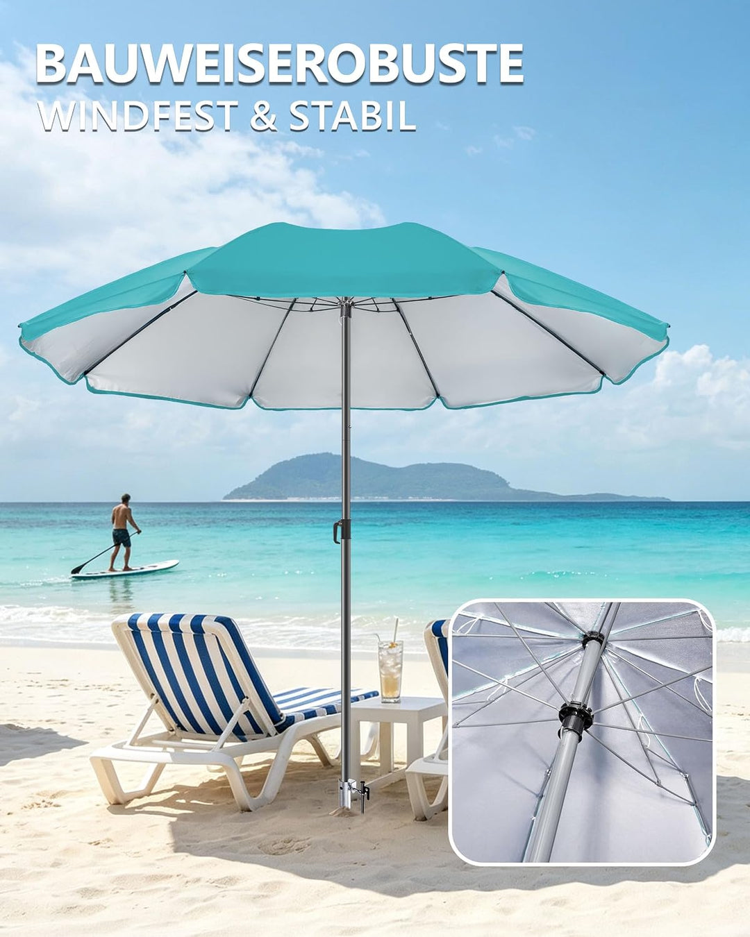 4smile Sonnenschirm Strand Ø 180 cm SET mit Eindrehbodenhülse, Türkis | Strandschirm Windfest Stabil