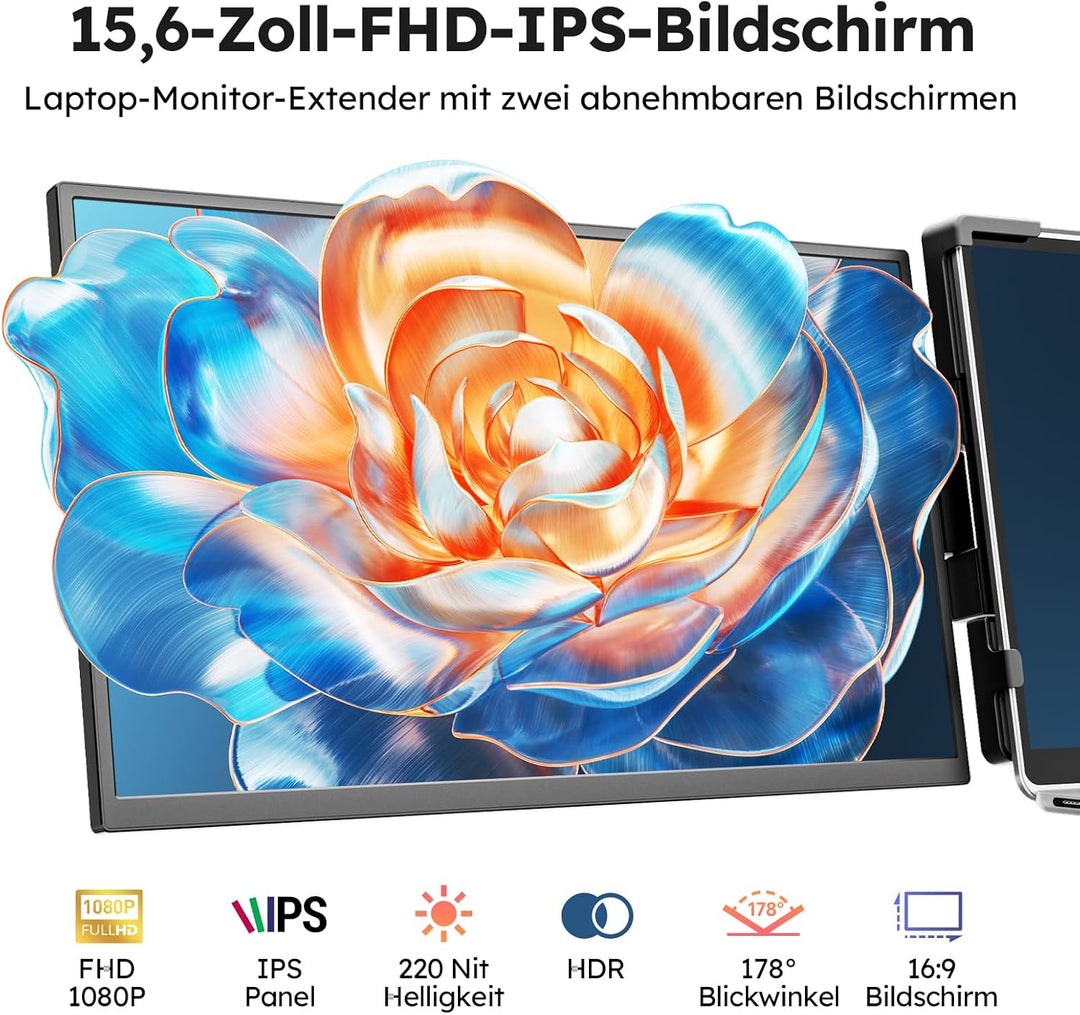 15.6" Laptop Screen Extender, FHD 1080P IPS Laptop Bildschirm Erweiterung, Plug & Play Triple Displa