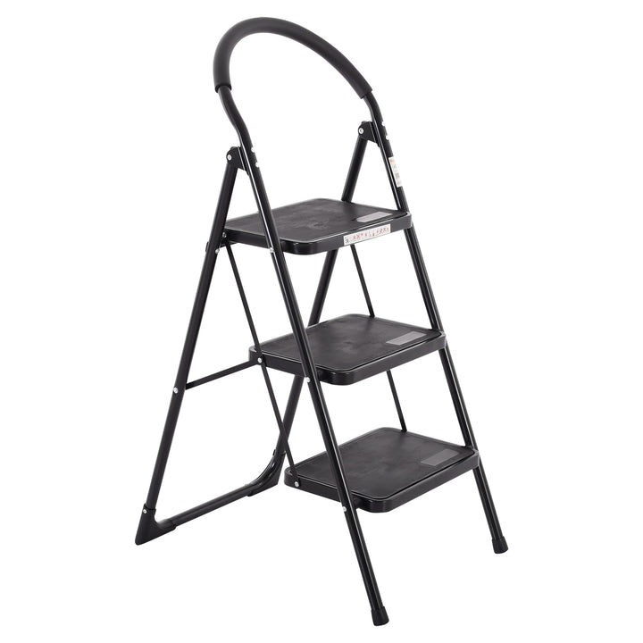Raburg Tritt-Leiter Tom, 3 Stufen in SCHWARZ, klappbar, 73 cm hoch, Komfort-Sicherheitshandlauf, bis